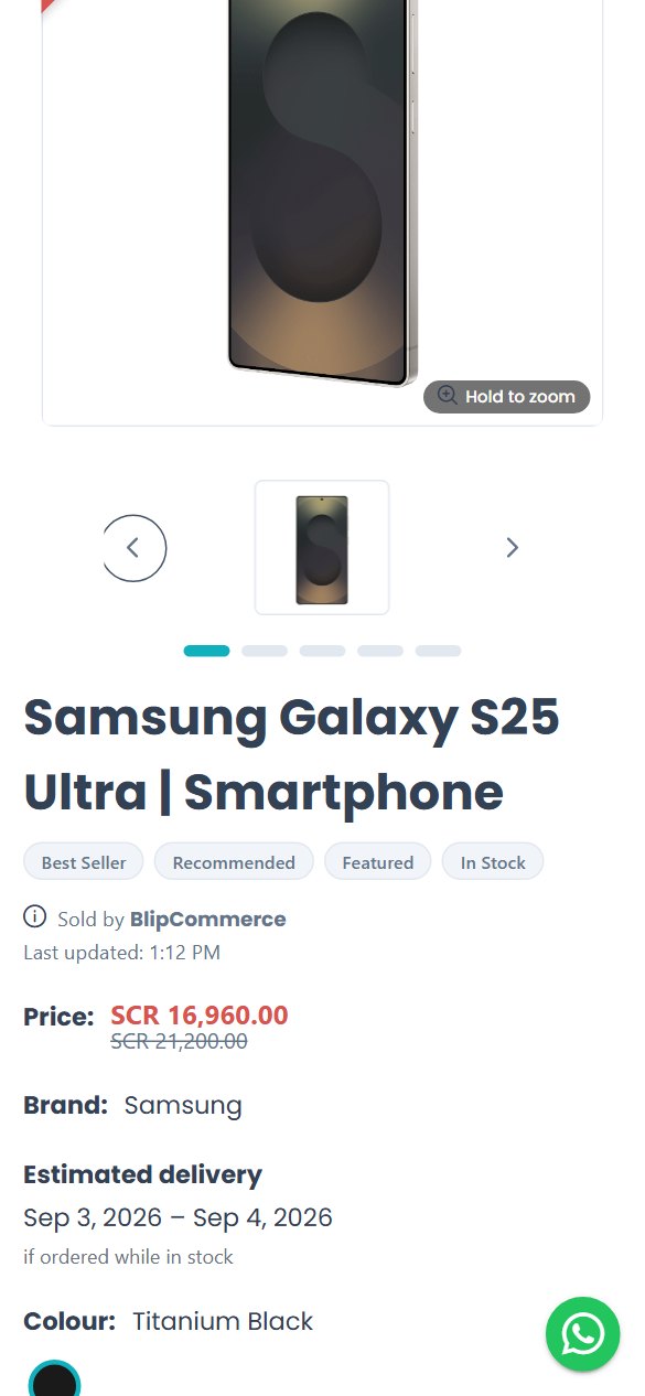 A BlipCommerce product page on a phone: product photography, price with the discount struck through, brand, and an estimated delivery window.